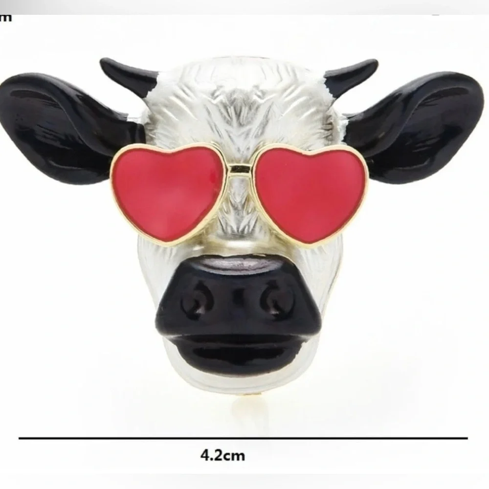 Cow Head Pin with Heart Sunglasses - White, Black & Red